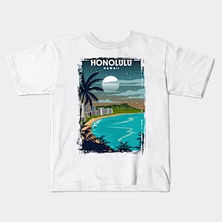 Honolulu Hawaii Travel Poster at Night Kids T-Shirt